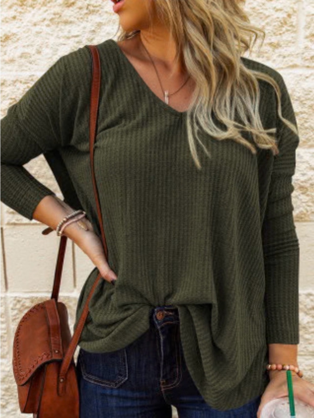 American Eagle Soft & Sexy Ribbed V-Neck Long Sleeve Top in Olive Green (NWOT)
